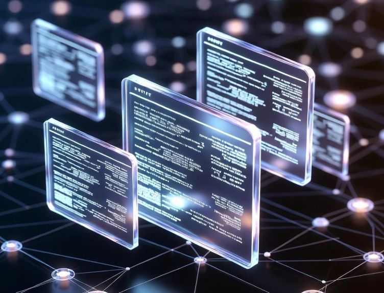 transparent blockchain ledgers floating above online communities.