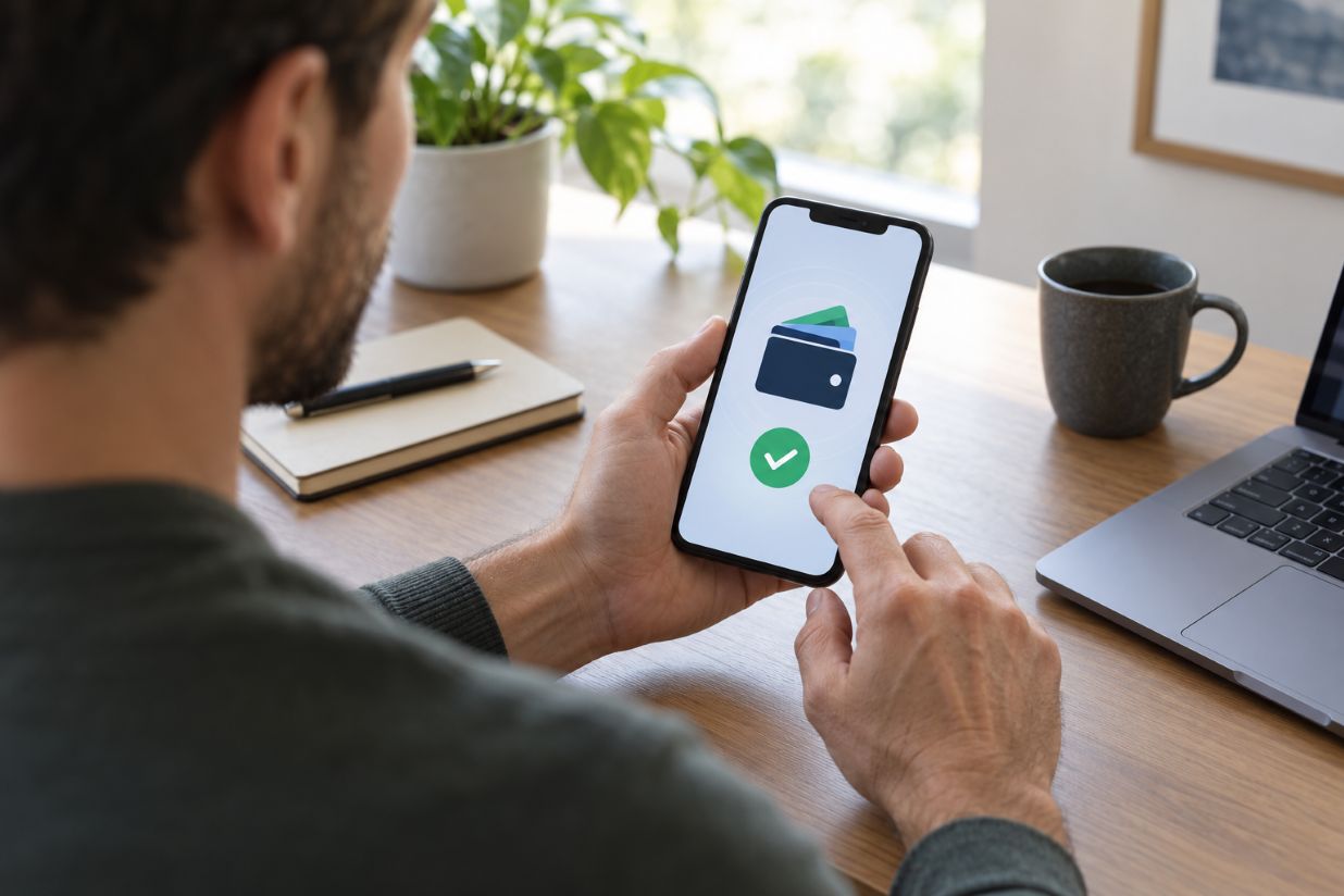 reviewing a digital wallet authorization screen on a smartphone